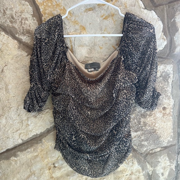 Anthropologie Leopard Cheetah Shirred Mesh Top size medium - Picture 2 of 2